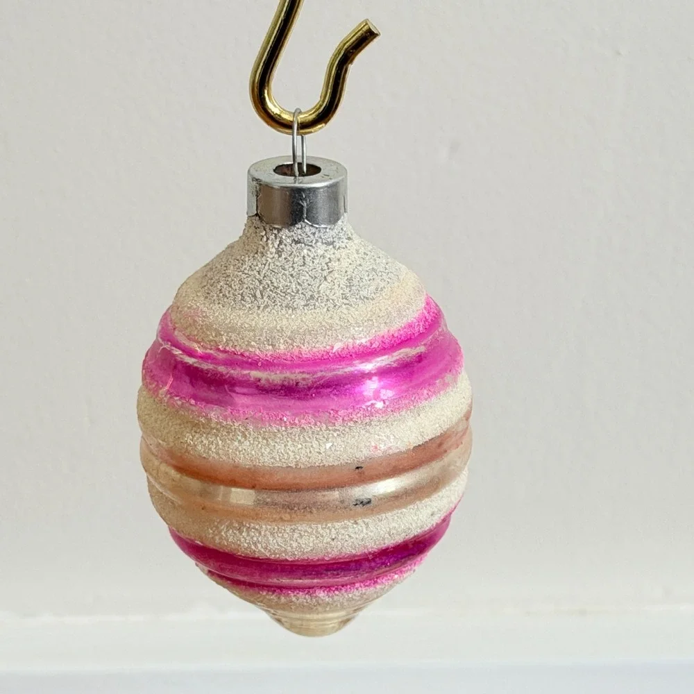 George Franke Pair Christmas Ornaments Beehive Pink Striped Mica USA MCM 1950's